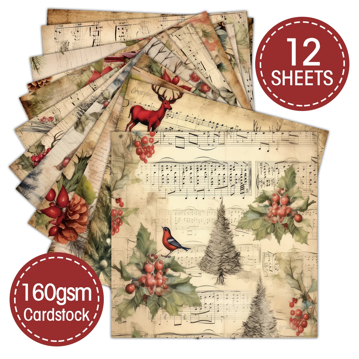 Description Picture 3 of item12pcs Vintage Christmas Theme Scrapbook Paper Set,Christmas Santa Poinsettias Pattern Craft Papers for Scrapbooking,Junk Journal