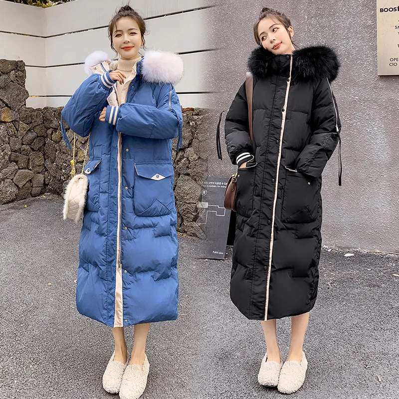 

Women Extra Long Down Jackets Hooded Raccoon Fur Collar coats Contrasting Color Plus Size Thickened Slim Warm White Duck Winter