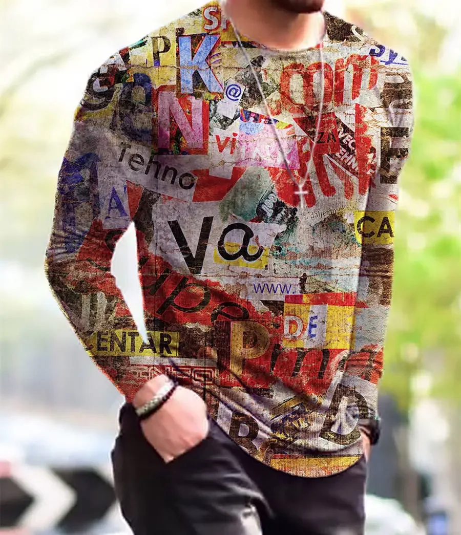 

Vintage Punk Street Style Men's Long Sleeve T-Shirts Spring Autumn 3D Printing Youthful Vitality Tops Tees Plus Size 6XL
