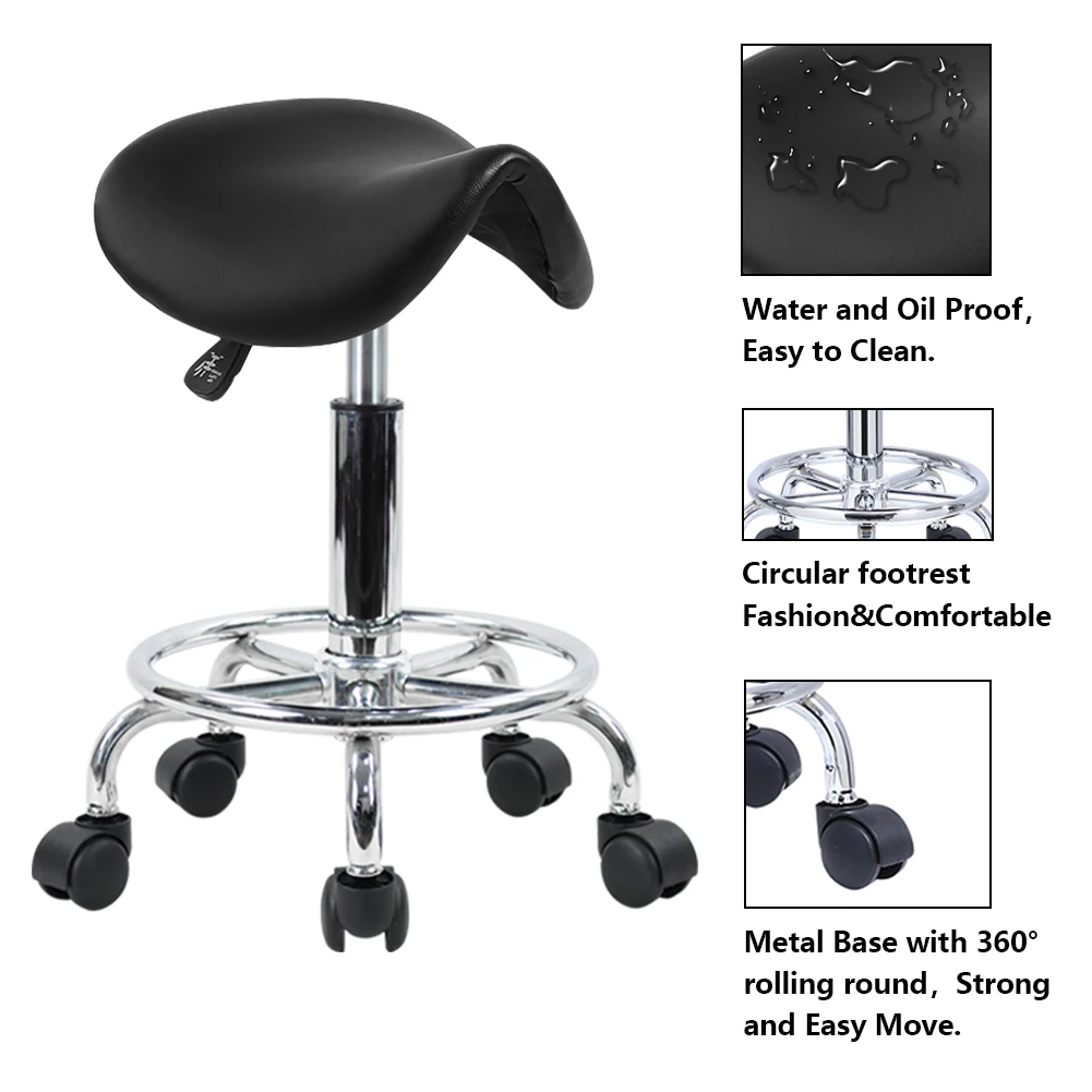 KKTONER Rolling Saddle Stool PU Leather Swivel Adjustable Rolling Stool with Wheels Salon Chair Black 4