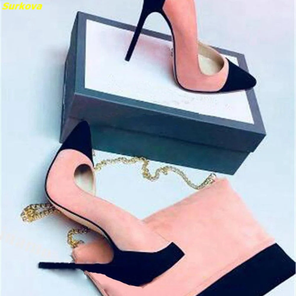 Suede Stiletto Heel Pumps Patchwork Pointy Toe Shallow Slip On Dress Women Shoes Thin High Heel