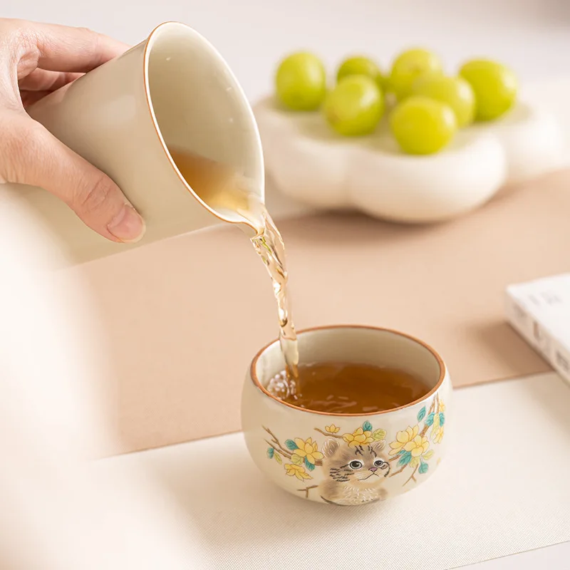 Ru Kiln Cute Cat Teacup Cute Ceramic Tea Cup Chinese Kung Fu Gongfu Tea Set Single Master Cup Chazhan Can Teaware Drinkware
