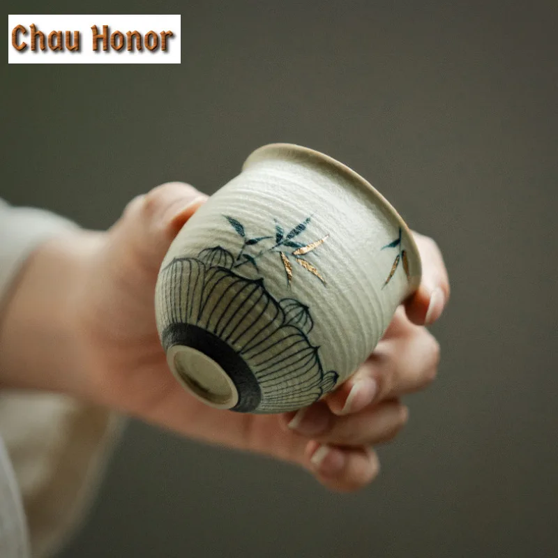 90ml Blue And White Flint Red Teacup Handmade Gold Drawing Bamboo Tea Bowl Zen Single Cups Smelling Cup Jianzhan Teaset Craft