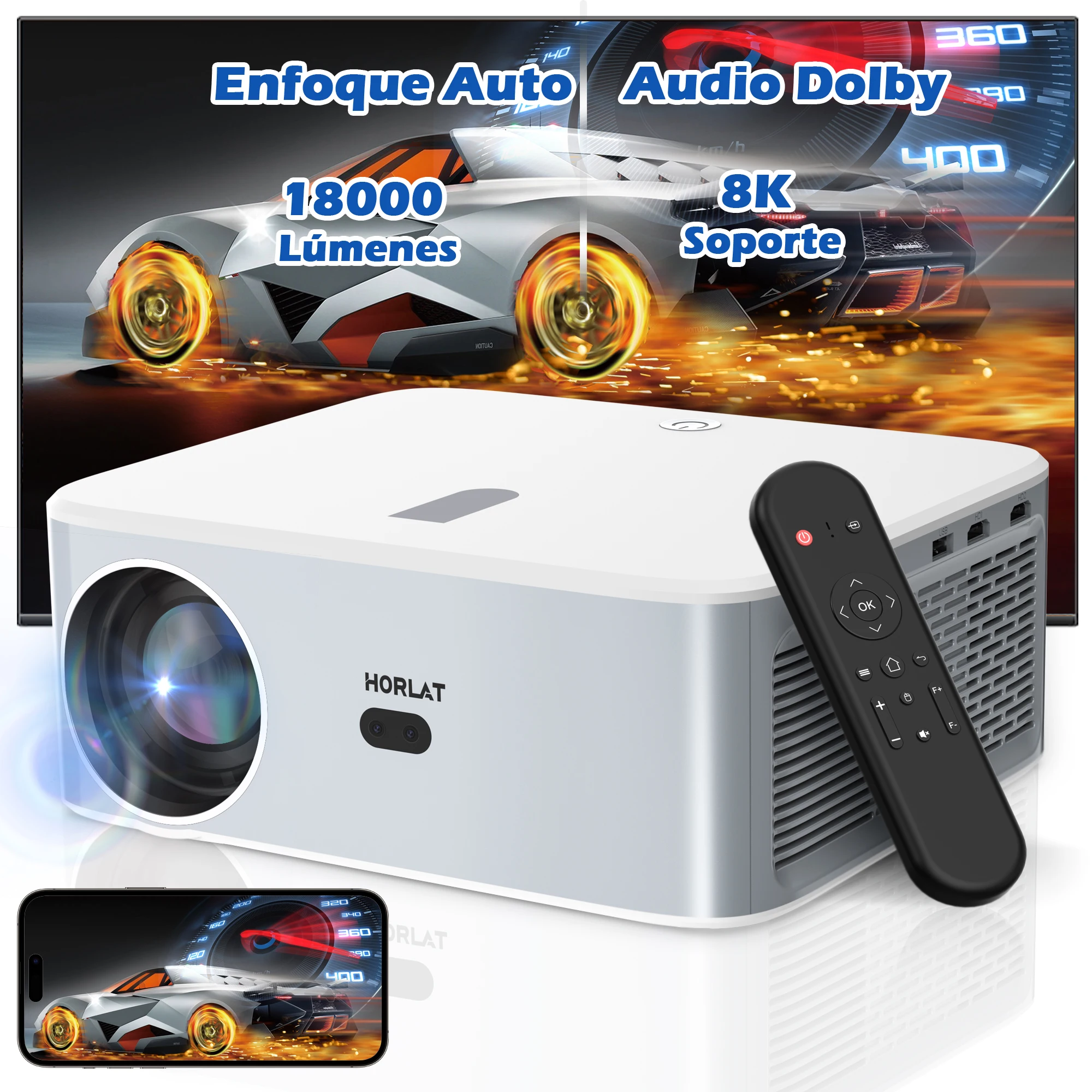 

HORLAT Projector 32G 4k 18000 lumens Android WIFI Auto Focus Keystone Correction 1080P Full HD Video Daylight Beam Proyector