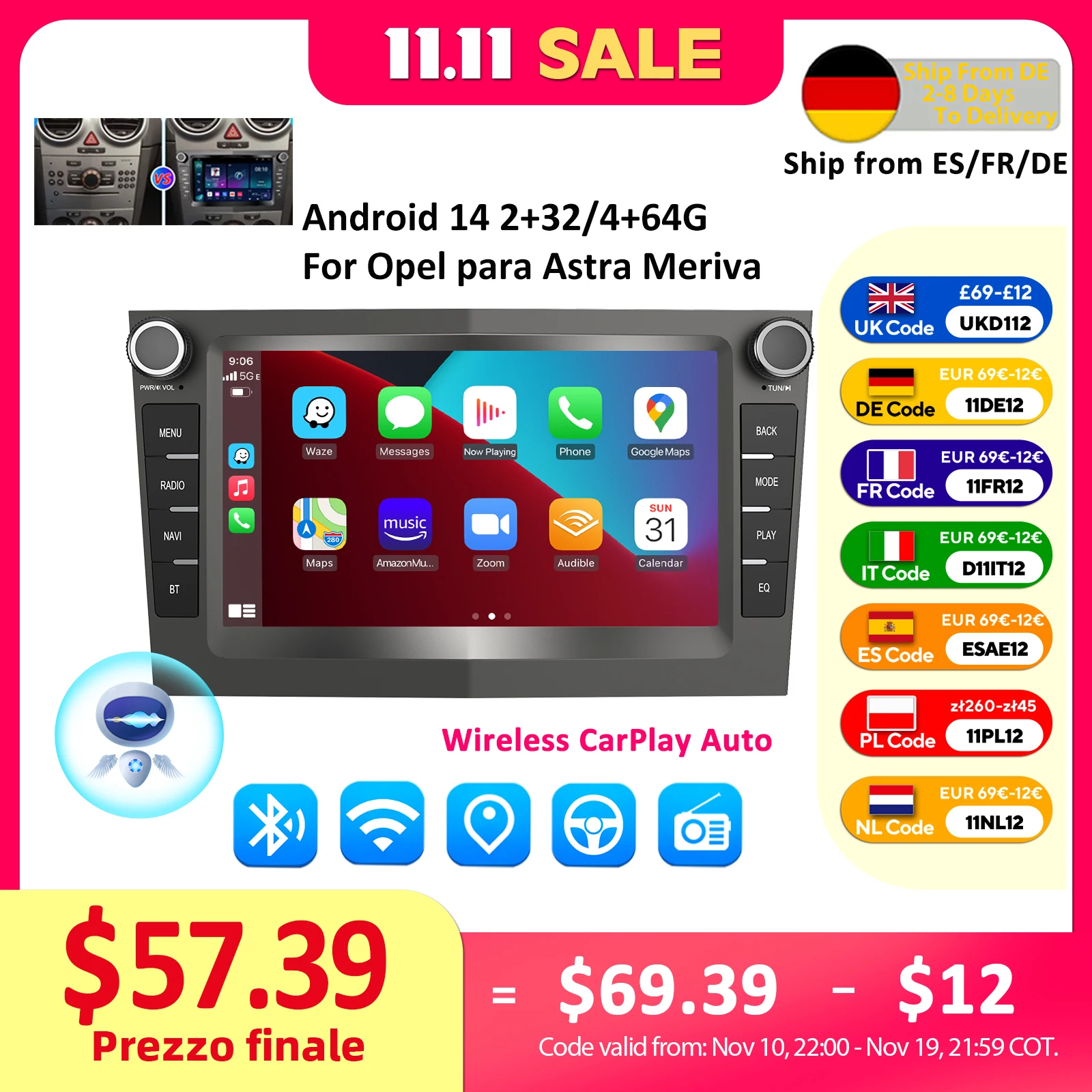 ESSGOO autoradio multimédia 4G 64G pour Opel Astra Vectra Vauxhall Antara Zafira Corsa C D Vivaro Meriva sans fil CarPlay Auto ﻿