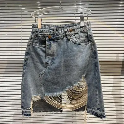 2022 New Denim Package Hip Skirt Women Summer Fashion High Waist Ripped Washed Jeans Skirt Asymmetry Loose Short Skirts Female crop top with skirt Skirts