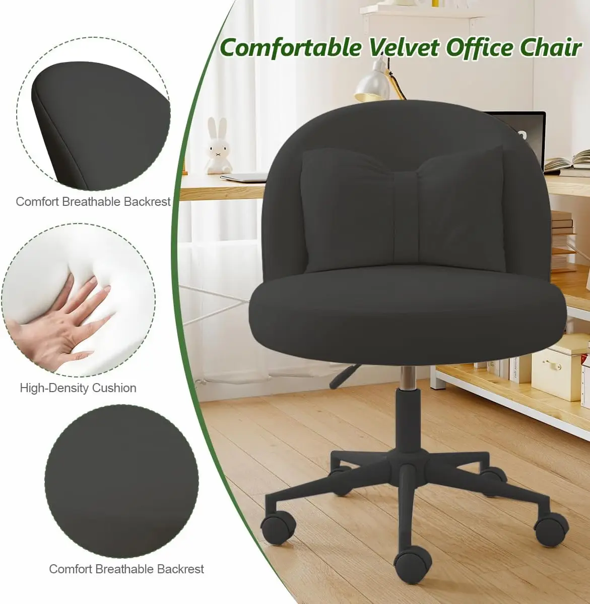 Desk Chair with Pillow, Adjustable Height Armless Office Chair Soft Upholstery Makeup Chairs Modern Accent Vanity Chair