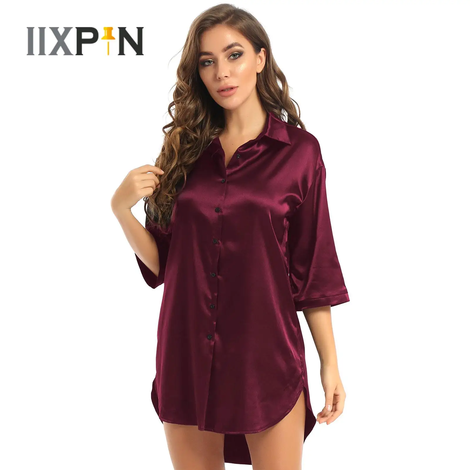 New Women Satin Shirts Nightshirt 3/4 Sleeve Turn-Down Collar Button Pajamas Solid Color Nightdress Sleepwear Casual Home Wear