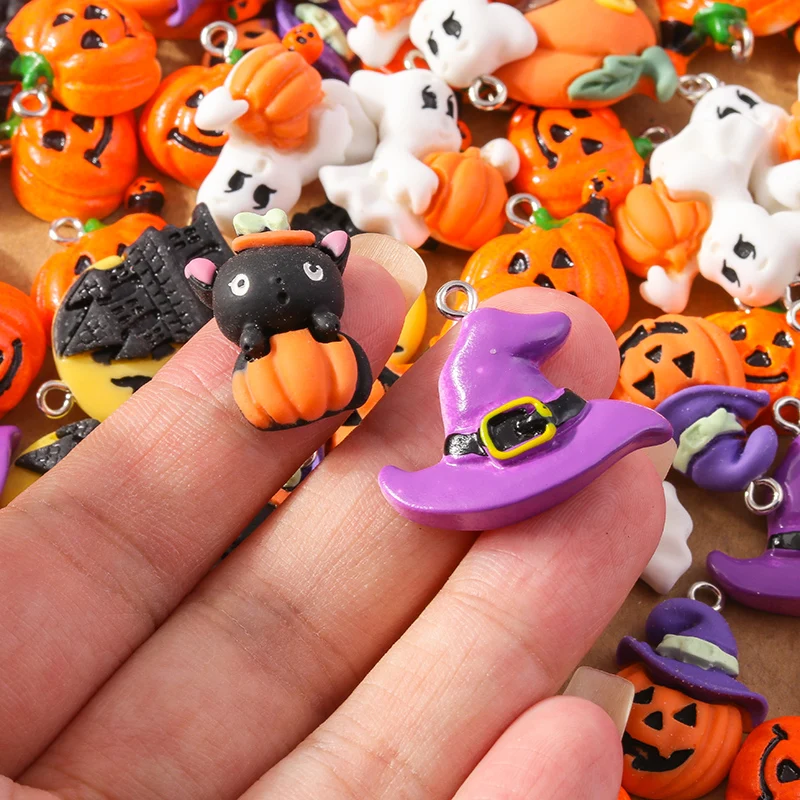 10Pcs Cartoon Enamel Halloween Charms Witch Hat Pumpkin Pendants