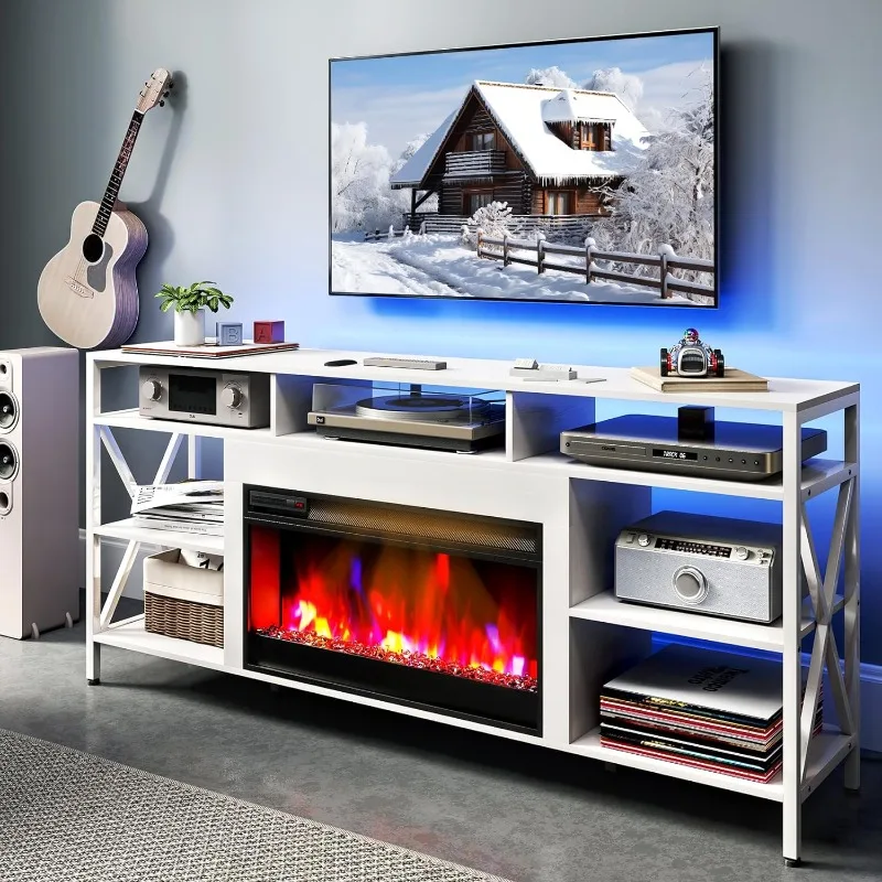 

60" TV Stand with 27.5" Electric Fireplace, TV Console with Power Strip for TVs Up to 70", Entertainment Center Storage Cabinet