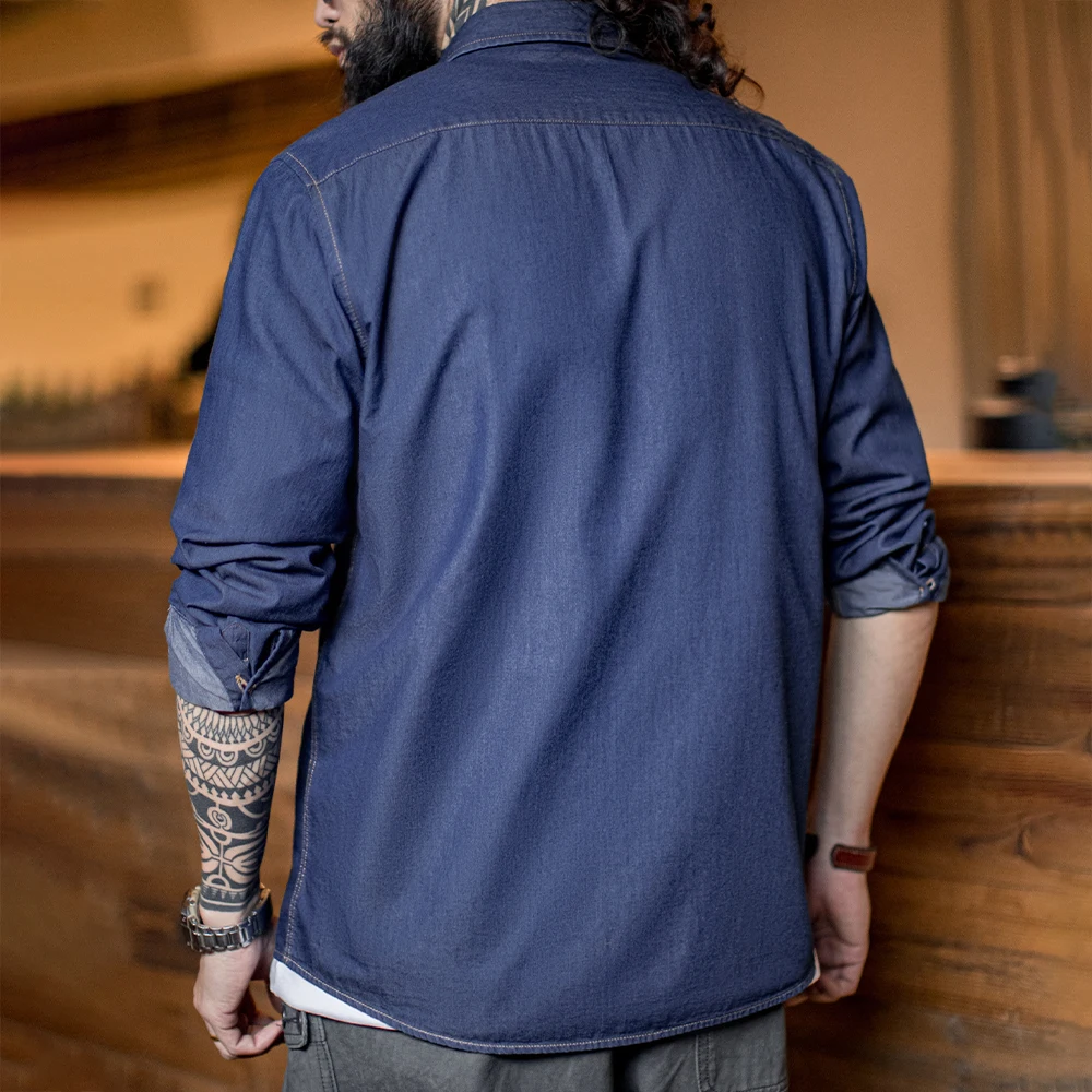 Maden Men Vintage Single Pocket Workwear Denim Shirt Long Sleeved Slim Fit Casual Shirt Single Breasted Turn-Down Collar Blouse denim shirt long sleeved shirt