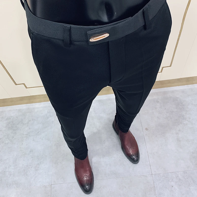 용수철 남성용 한국 슬림핏 발목 길이 바지, 캐주얼 스트리트웨어, 하이 퀄리티 블랙 그레이 카키 원피스 세트 바지, 2025