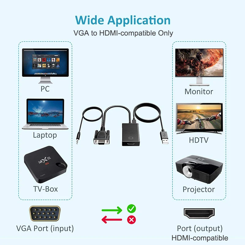 VGA TO HD Converter VGA Input HDMI-compatible Output Audio Video Cable Adapter For Computer Laptop TV Projector