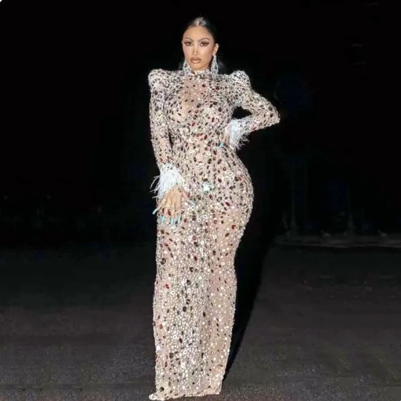 

Sparkly Big Crystal Women Long Sleeve Sexy Mesh See Through Bodycon Mini Dress Celebrate Birthday Party Dress Stage Wear Outfit
