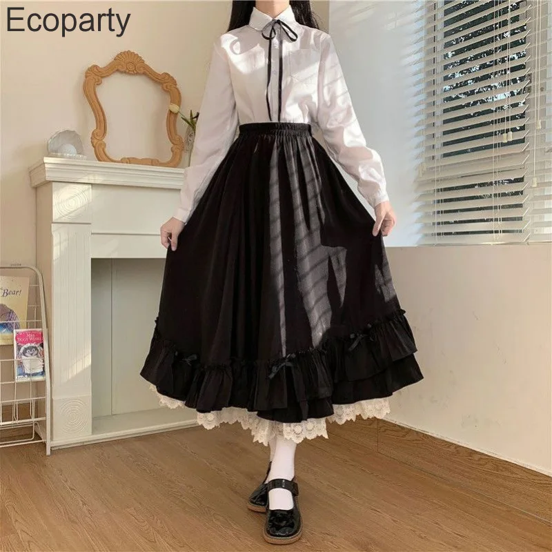 

New Women's Japanese College Style Lolita Long Skirt Solid High Waist Lace Patchwork A-Line Pleated Skirt Hepburn Black Skirt