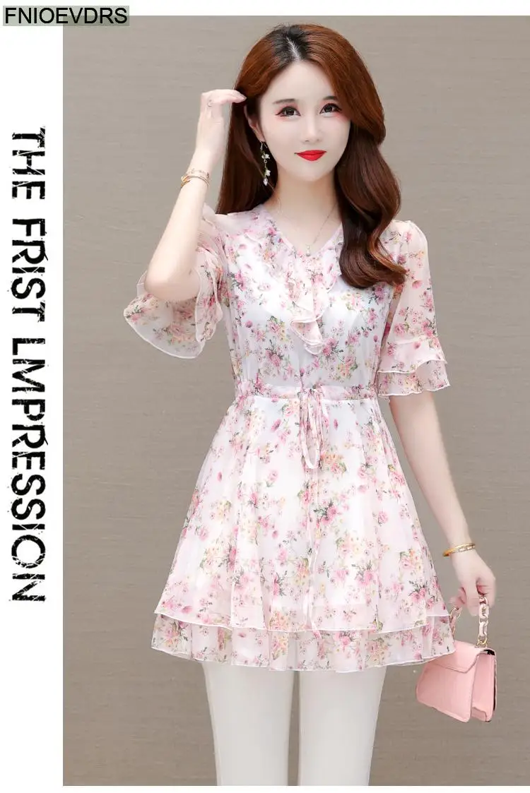 M-5XL 2023 Clothes Clothes Women European Style Elegant Basic Shirt Floral Print Retro Ruffles Belly Tunic Peplum Top Blouses