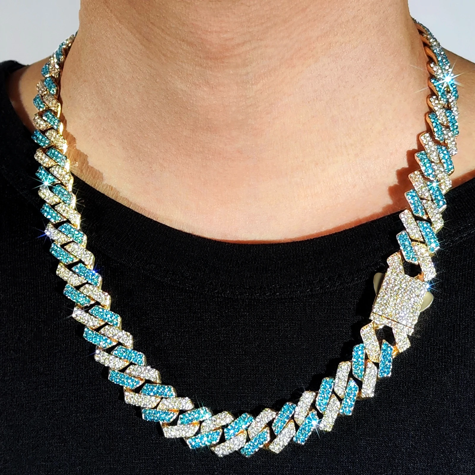 Hiphop 14MM Blue Rhombus Cuban Link Chain Necklace For Men