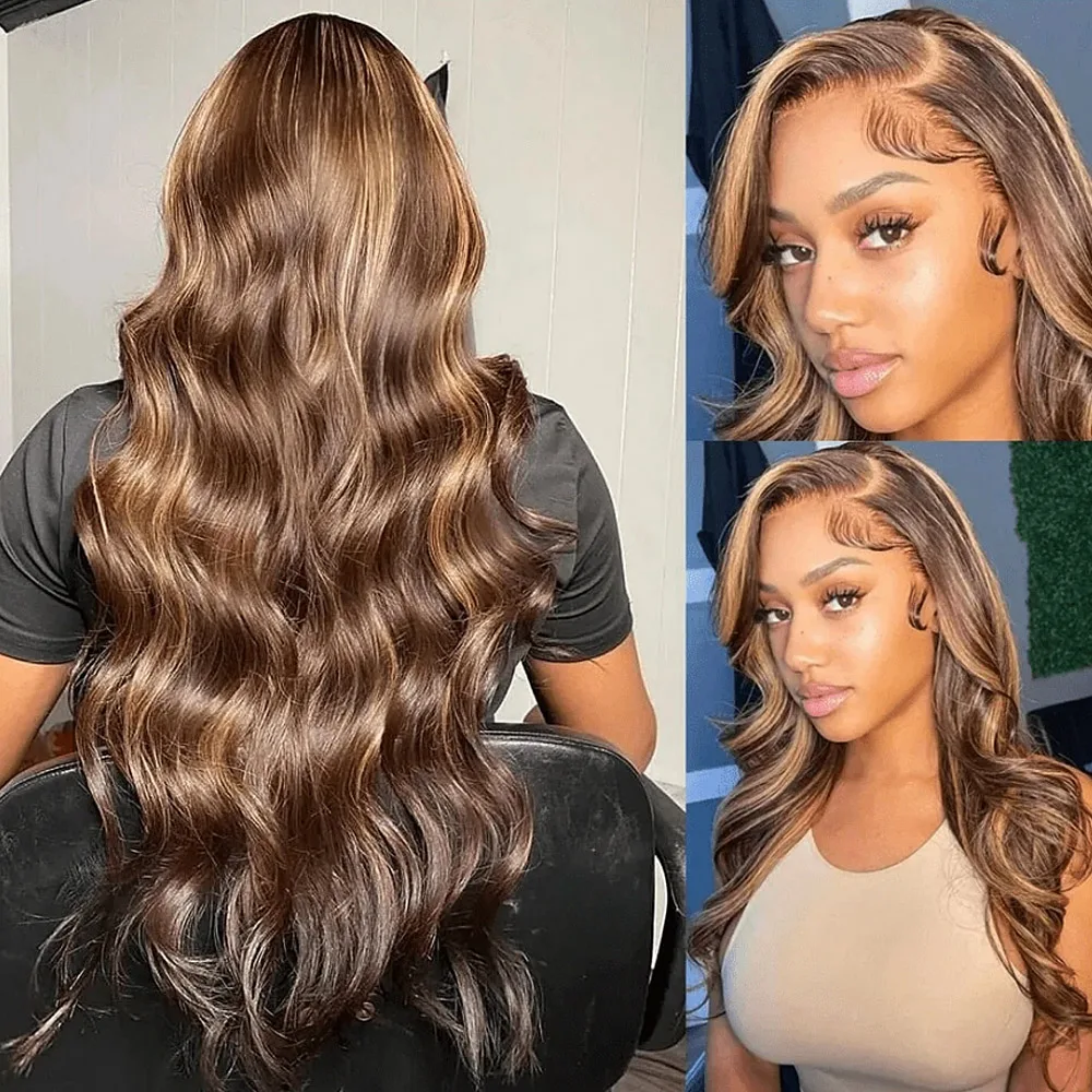 200% Density 32 Inch 4/27 Highlight Body Wave Brazilian Human Hair Wig HD Transparent 13x4 Body Wave Part Lace Front Wig