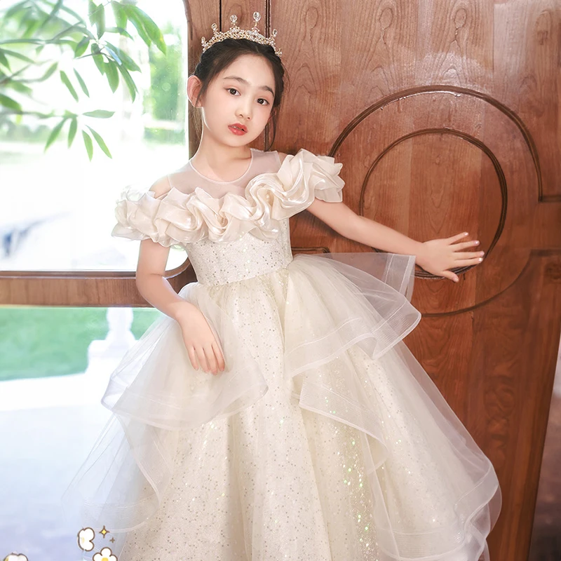 

Little Girl Birthday Party Champagne Dresses for Elegant Wedding Guest Tulle Long Evening Gown Children Luxury Pageant Dress Kid