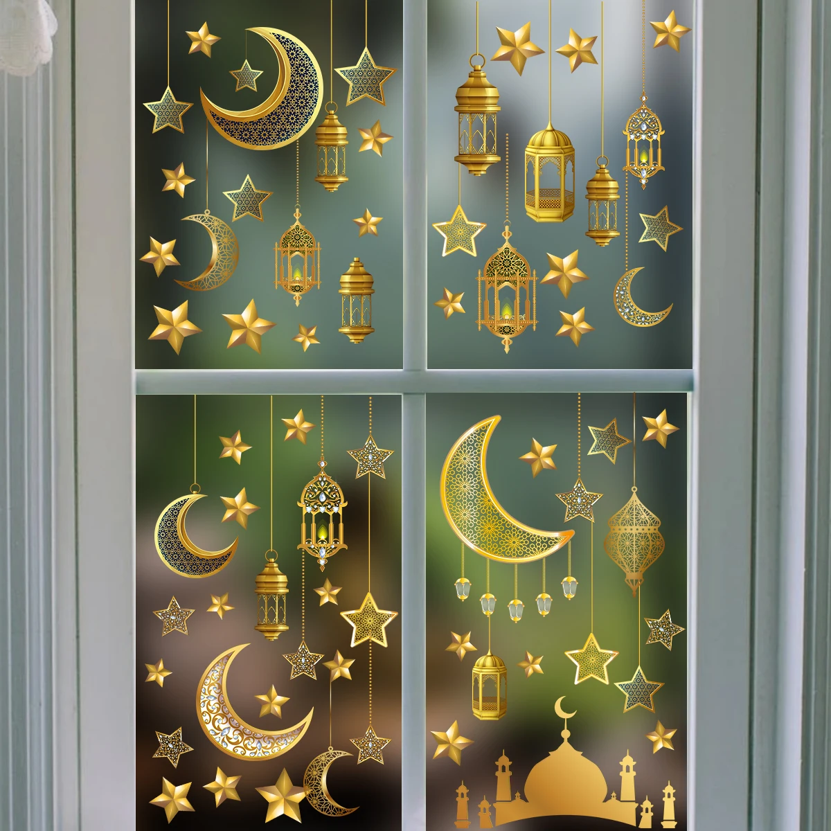 5 Stück/Set Stern-Mond-Lampe, doppelseitig bedruckte, kleberfreie Wandaufkleber, elektrostatische Glasfolie für Schaufensterdekorationen – Detail 8