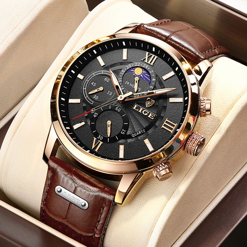 LIGE New Genuine Leather Watch for Men Fashion Business Watch Men Top Brand Luxury Military Waterproof Men's Quartz Wristwatches