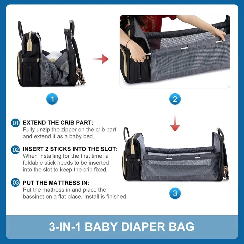 Foldable Baby Crib Changing Pad Diaper Bag Backpack USB Interface Babies Bags Station diaper bag diaper backpack