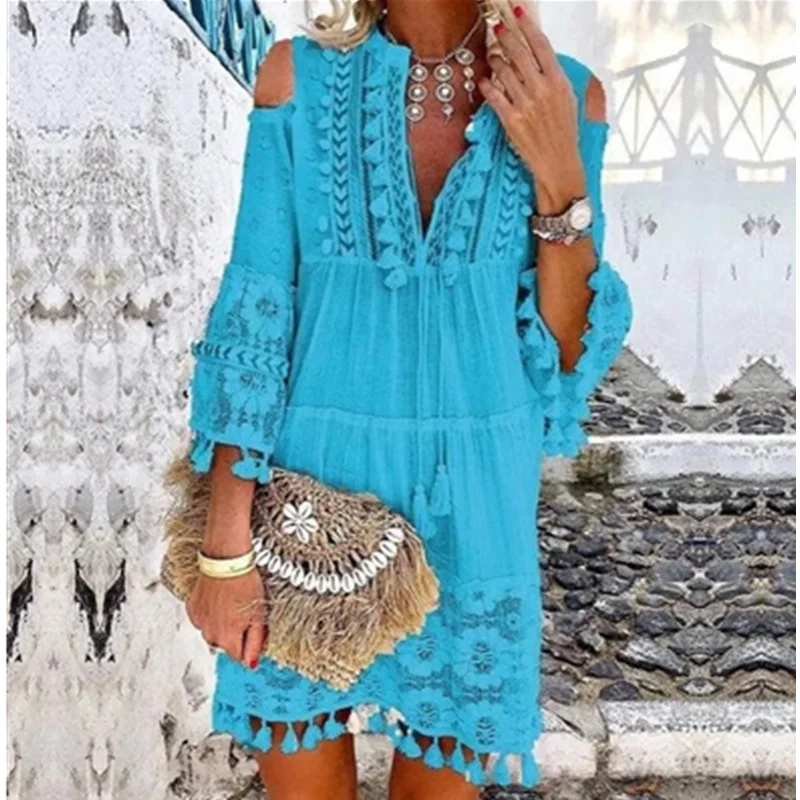 

Women Summer Beach Dress Vintage V Neck Dress Loose Long Sleeve Bohemian A-Line Fringe Mini Dress Lace Floral Cocktail Dress