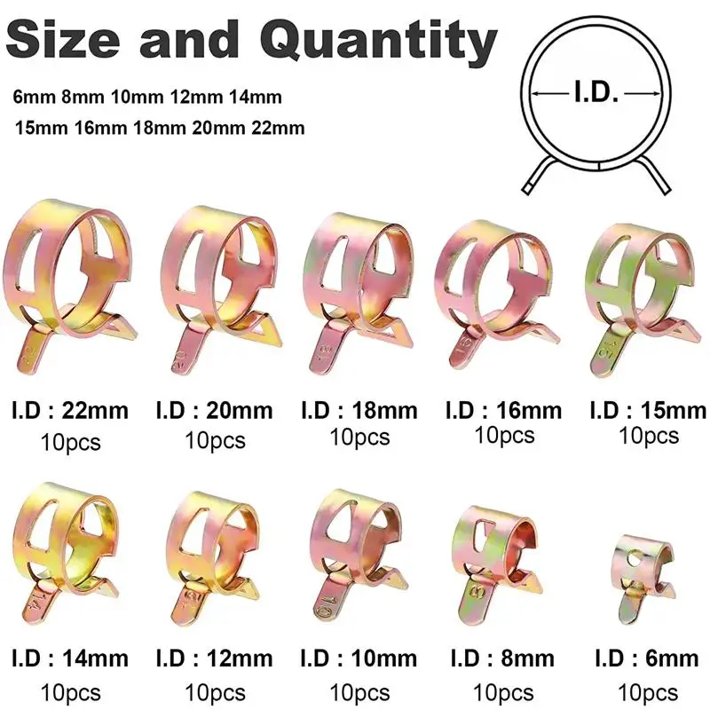 Hose Clamps 10Pcs 4mm-22mm for choose Fuel Spring Clip Vacuum Silicon Hose Clamp Autos Spring Clip Fuel Oil Water Hose Pipe Tube Clamp
