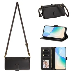 Crossbody Leather Flip Case with Zipper Pocket and Lanyard Wallet for Itel P55 5G (Black)