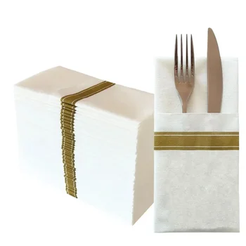 Tovaglioli in lino linea oro da 50 pezzi con tasca per posate incorporata, asciugamani di carta pre-piegato monouso per ospiti per la festa di nozze 1