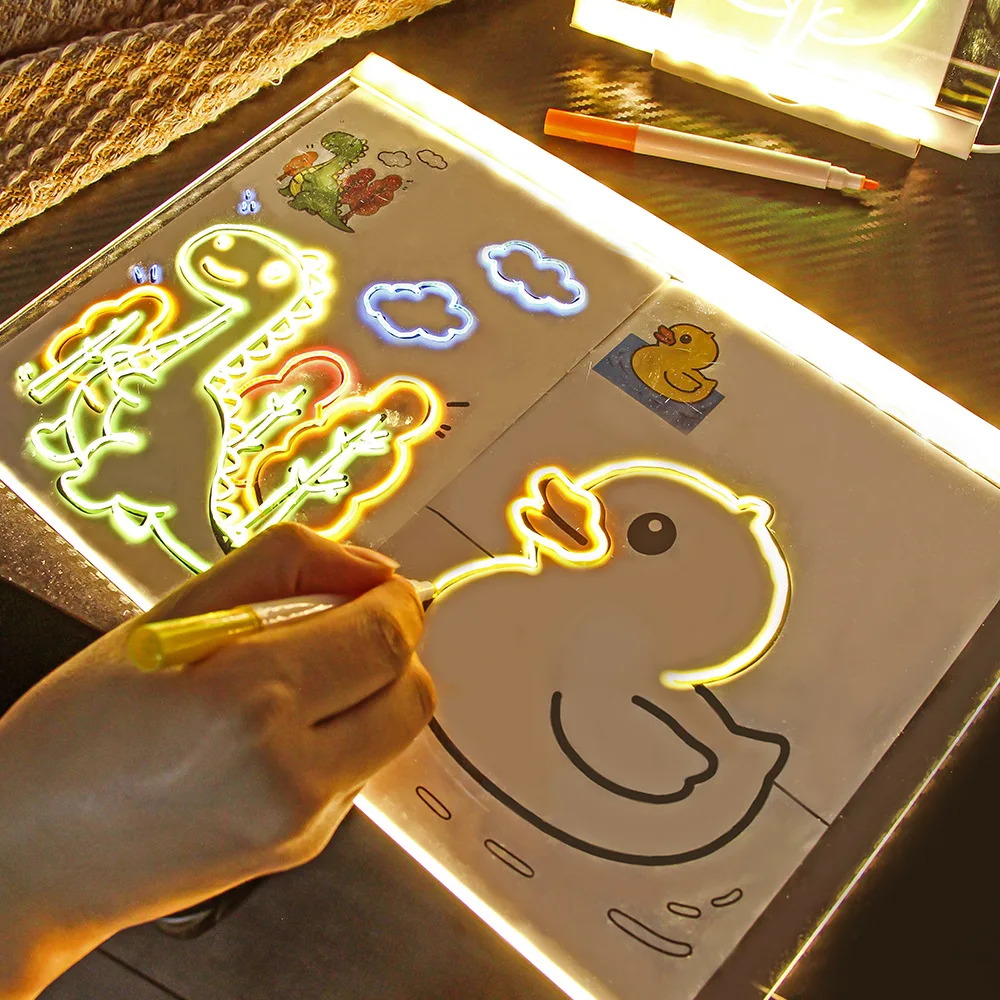 LED 빛나는 드로잉 보드 어린이 라이트 업 낙서 그림 패드 아크릴 메시지 보드 형광 다채로운 펜 룸 장식