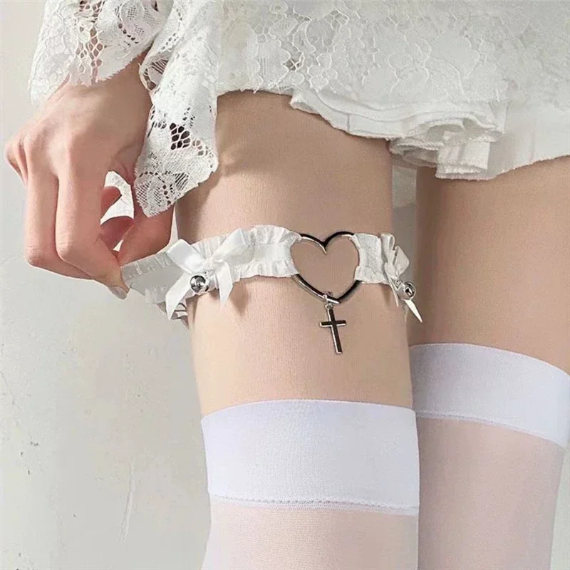 Gothic Lace Garter Belt Heart Bowknot Cross Bells Lolita Garters Elastic Choker Leg Ring Strap Cosplay Bondage Lingerie Harness