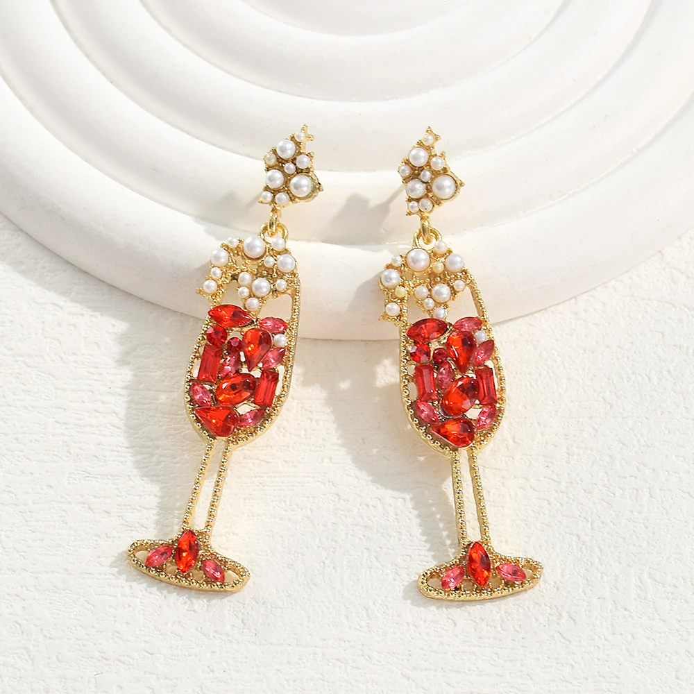 

Creative Champagne Wineglass Crystal Dangle Earrings for Women Fashion Geometries Imitation Pearl Bottle Shaped Earrings Jewelry