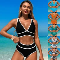 Women's Bikini Sets Swimsuits V Neck High Waisted 2 Piece Bathing Suits Solid/Flower Printed Swimwear Bikinis