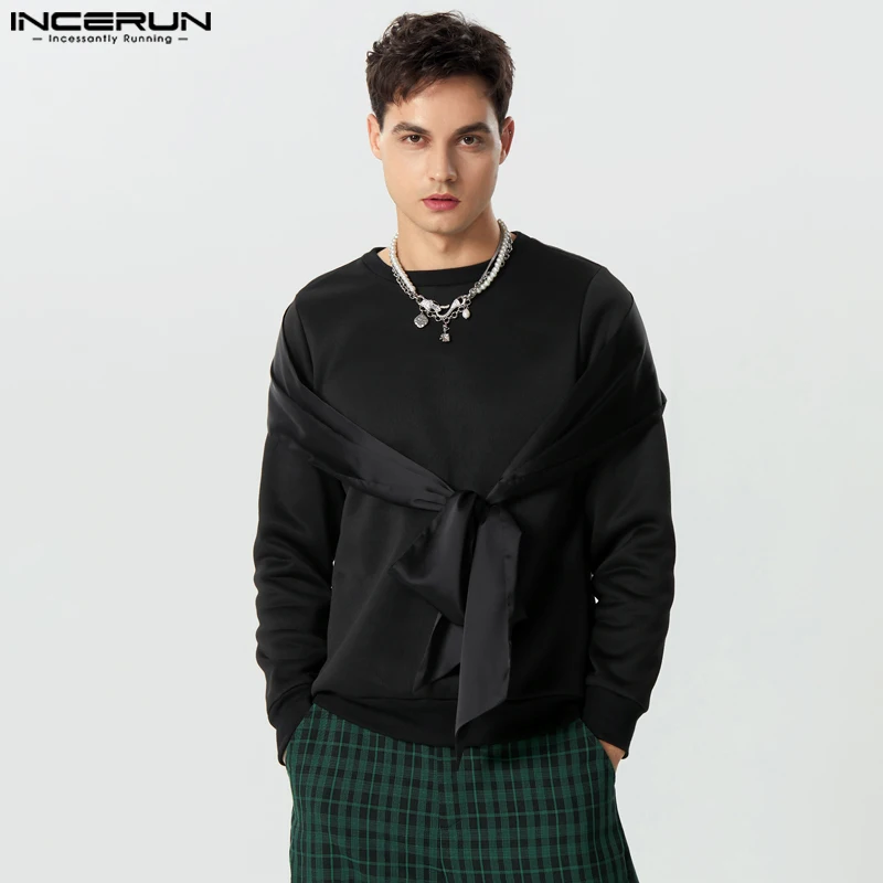 

INCERUN Tops 2023 American Style Handsome Mens Bow Satin Design Sweater Casual Male Solid Color Patchwork Pullover Sweater S-5XL