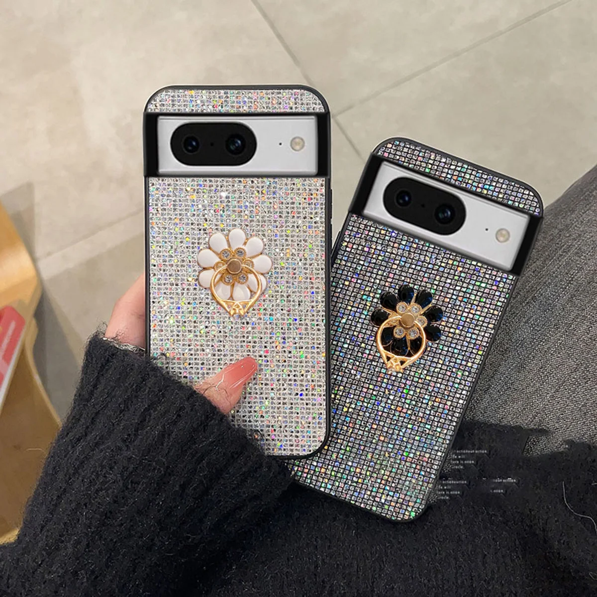 Luxury Sparkling Flower Ring Buckle Phone Case with Sequin Shiny Lattice Back Cover