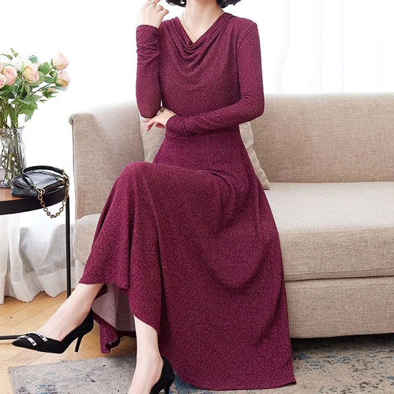 

Fashion Pullovers Long Dress Temperament Solid Color Women's Clothing Vintage Autumn Winter Thin Elegant New Pleated Dresses