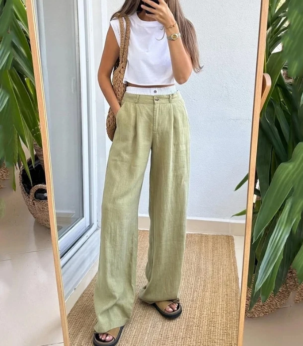

Two Piece Sets Women Outfit 2024 Casual Round Neck Sleeveless Top and Stylish Loose Contrasting Color Patchwork Pants Set
