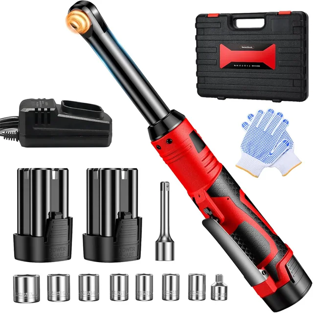 Clé à cliquet électrique sans fil à angle droit Bromose 450 tr/min, 3/8 pouce, pour démontage d'écrous, outil d'entretien automobile avec 2 batteries 1