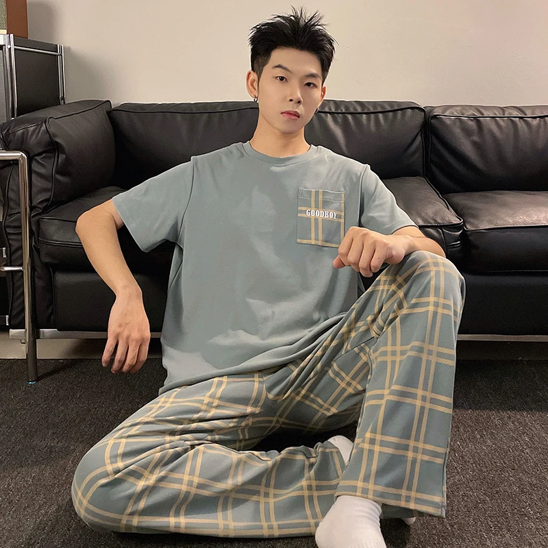 2024 New Pj Short Sleeved Long Pant Men's Pajamas Sets Male Pajama