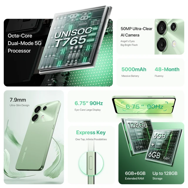 Uacity-IGI G9, Android 14,UNISOC T765,Octa Core, empreinte digitale latérale, 50MP, 6 Go + 128 Go, 5G,5000mAh, écran goutte d'eau 6.75 ", version globale 2