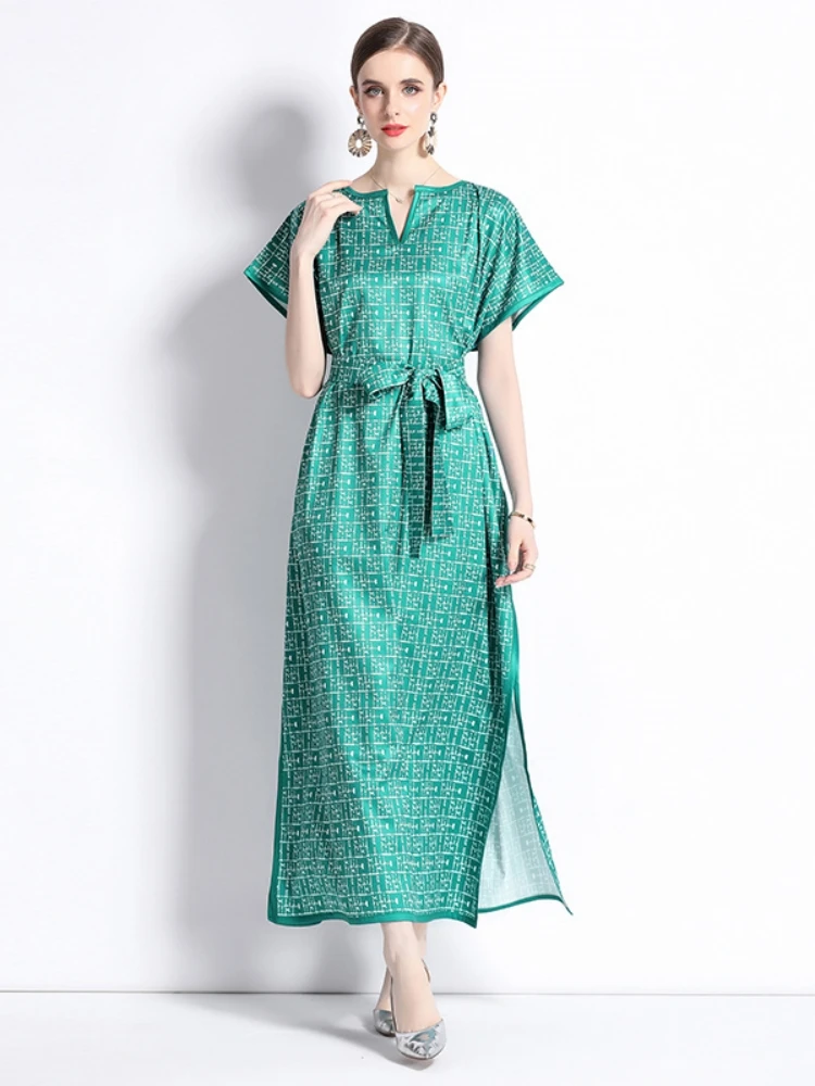 

Summer Green Letters Print Loose Oversized Side Split Dress Women's Short Batwing Sleeve V Neck Lace Up Belt Maxi Vestidos