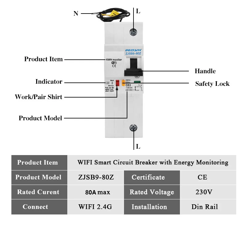 RS485 스마트 홈용 알렉사 및 구글 홈과 호환되는 에너지 모니터링 기능이 있는 1P WiFi 스마트 회로 차단기