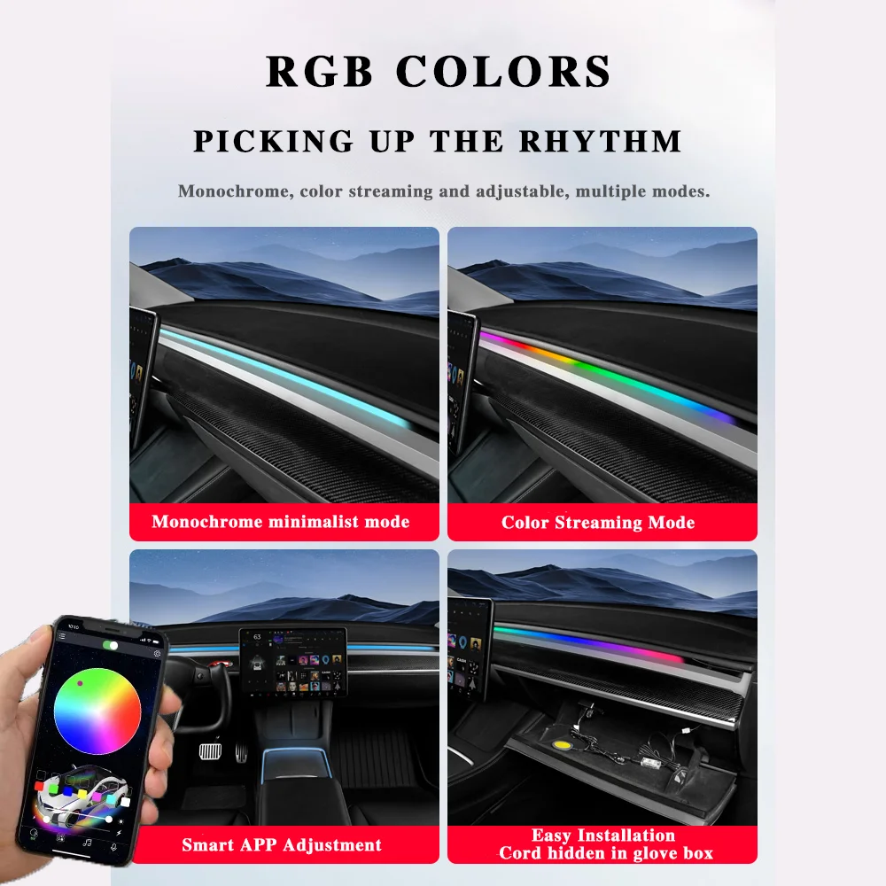 테슬라 센터 콘솔 대시보드 무선 충전 조명, 모델 3 Y, 64 색 RGB 네온 LED 앰비언트 램프, USB 전원 앱 컨트롤러