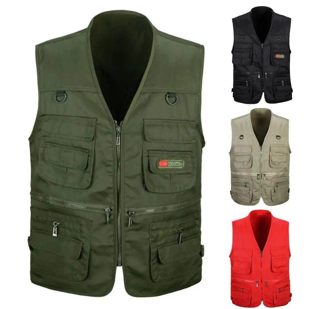 Men Waistcoat Solid Color Zipper Sleeveless Multi Pockets Cargo Waistcoat Tactical Vest Coat Men's Fishing Camping Waistcoat