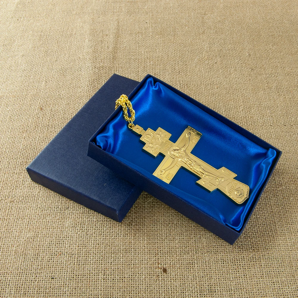 HTISOK Orthodox Pectoral Cross Byzantine Cross Gold Plated Crucifix Necklace Pendant for Bishop Pastor Religion Gift