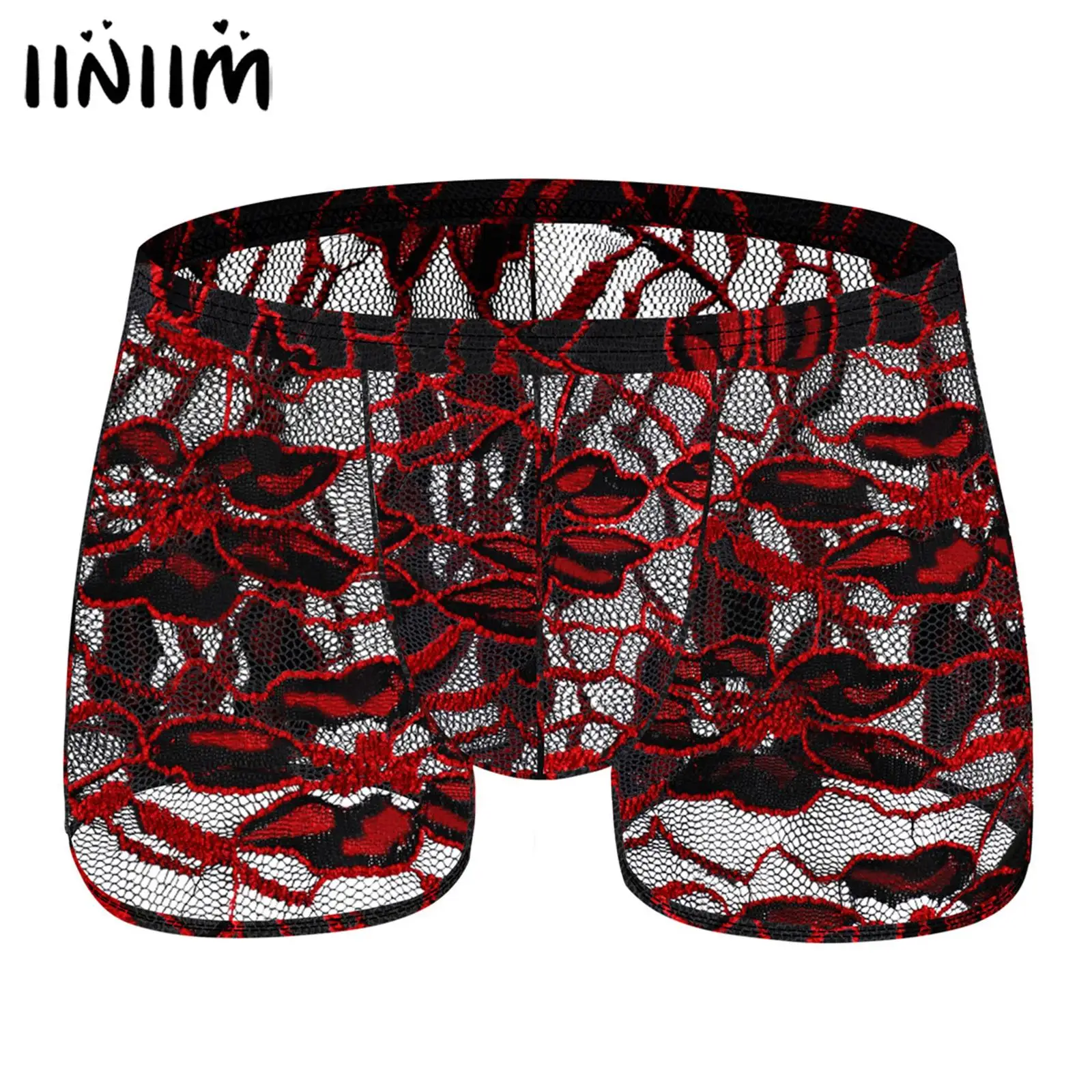 

Sissy Men's Sexy Lingerie See-Through Lace Flower Boxer Briefs Low Rise Bikini Bottom Underpants Hollow Out Sheer Mesh Underwear