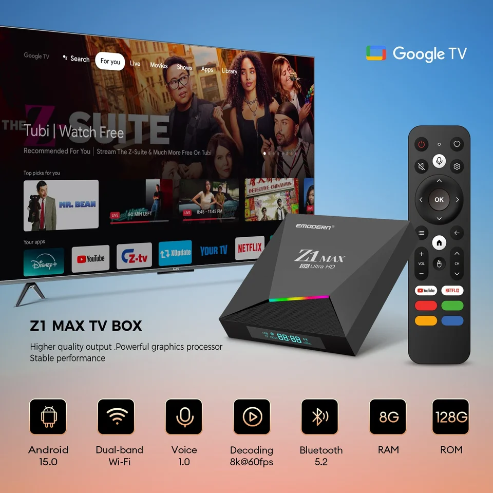 8K TV Box Android 15 Z1 Max 4G 5G Dual WiFi Media Player Support