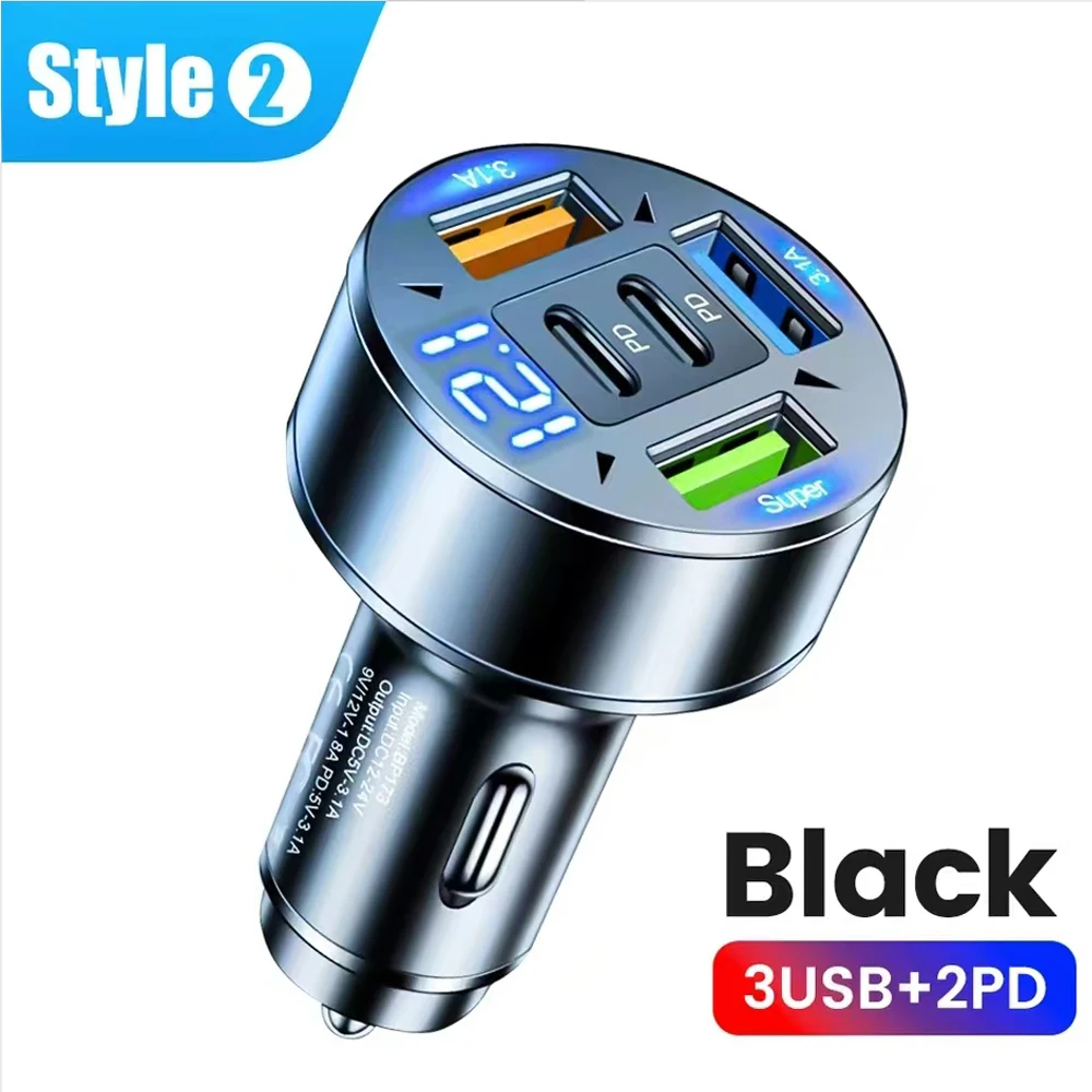 100W Car Charger 5 Ports Super Fast Charging With Digital Display Power Adapter USB Type C Car Charger For iPhone Samsung Xiaomi
