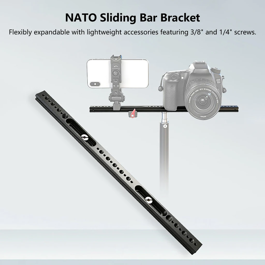 알루미늄 합금 NATO 슬라이딩 바 브래킷 DSLR 카메라 케이지용 1/4인치 3/8인치 ARRI 위치 지정 구멍이 있는 다용도 카메라 연장 레일